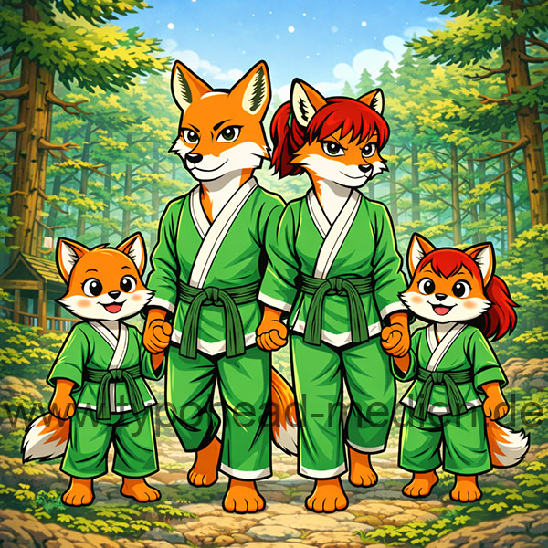 Die Kampfgeist Dojo Familie Akio, Akira, Yuna und Yuki.